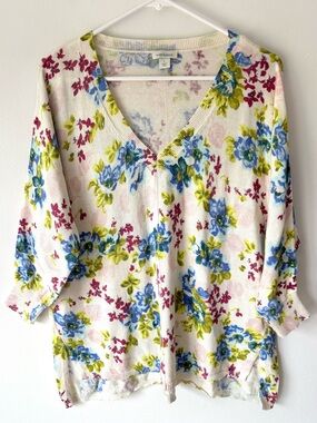 Sundance Johanna Floral V Neck Cotton Knit Sweater White Blue Green Boho
